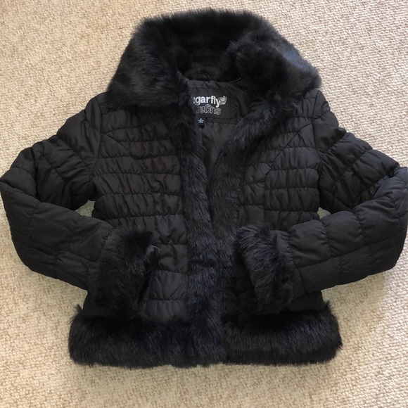 Sugarfly faux fur puffy jacket size S zip pockets hook closure warm & cozy - Picture 2 of 7
